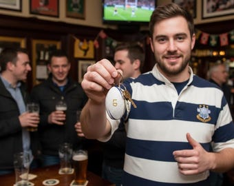 Gepersonaliseerde sleutelhanger rugbybal – handgemaakt Brits sportfanaccessoire