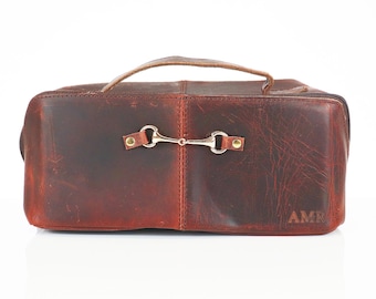 Personalised Leather Equestrian Washbag with Snaffle Bit Design | Toiletry Gift for Horse Enthusiasts