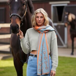 Merino Wool Equestrian Scarf | Snaffle Bit Print, Petrol Blue & Orange