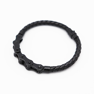Gepersonaliseerde fietskettingarmband | Zwarte stalen leren armband fietsketting | Fietscadeau
