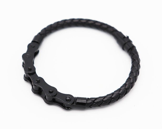 Personalised Bike Chain Bracelet | Black Bicycle Chain Steel Leather Bracelet | Cycling Gift
