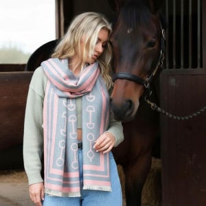 Equestrian Snaffle Bit Print Scarf | Merino Wool, Grey & Pink