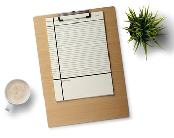May include: A wooden clipboard with a lined notepad, a small potted plant, and a cup of coffee. The notepad has a section for terms, count, and summary. The coffee has a white mug.
