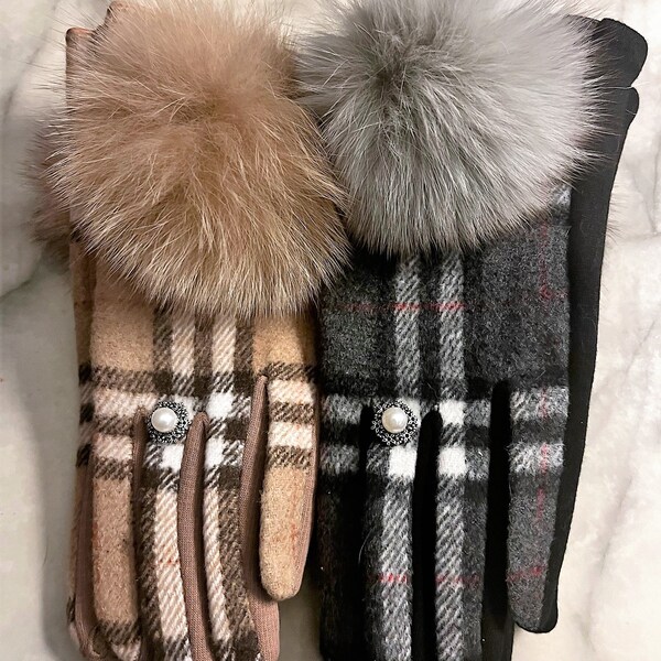 US Seller, In Stock. Women's Cashmere Wool Plaid Tartan Gloves with Fox Fur Pom Pom. Touch Screen, warm, winter.