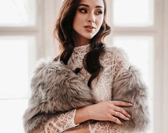 Faux fur gray shawl , faux fur gray wrap, faux fur stole faux fur shawl bridal wrap faux fur shrug bridal cape premium fur