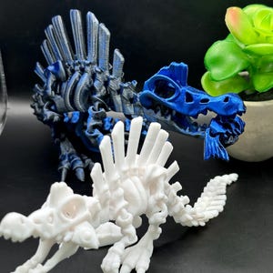 Könnte beinhalten: Zwei 3D-gedruckte Dinosaurierskelette, eines blau und eines weiß. Der blaue Dinosaurier hat einen langen Hals und einen stacheligen Rücken. Der weiße Dinosaurier hat einen kürzeren Hals und einen stacheligen Rücken. Beide Dinosaurier stehen in einer stehenden Position.