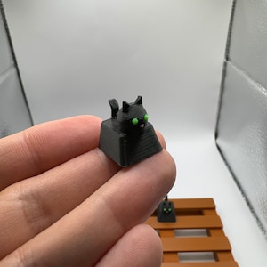 Può includere: Un tappo per tastiera a forma di gatto nero con occhi verdi e lingua rosa. Il tappo è appoggiato sul dito di una persona.