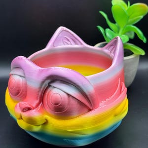Puede incluir: Un macetero de cerámica con forma de cara de gato, con colores de arcoíris. El macetero tiene ojos grandes y redondos y una boca ancha y sonriente. El macetero es perfecto para plantas pequeñas o suculentas.