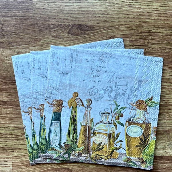 Decoupage napkins Set of 3 with vintage rustic olive oil bottles design,cottagecore,Scrapbooking ephemera,Decoupage Paper,farmhouse rustic