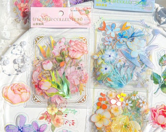 40Pcs Clear Floral Sticker Pack,Flower Journal Decal,Water Bottle Flower Sticker Decorative