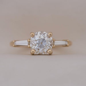 Vintage Style Old European Cut Moissanite Ring, Three Stone Engagement Ring, 14k Yellow Gold Wedding Ring, Solitaire Promise Ring For Her