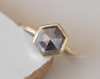 Hexagon Cut Salt And Pepper Moissanite Ring, Bezel Set Solitaire Engagement Ring, 14k Yellow Gold Simple Wedding Ring, Anniversary Gift