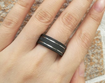 Black Tungsten Carbide Rings, Silver Grooved Line Tungsten Ring, Beveled Edge  8mm Carbide Ring, Unique Men's Black Finished Tungsten Band