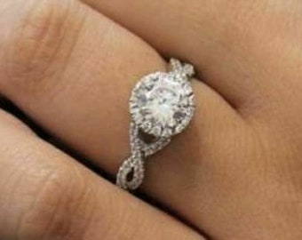 14k Solid White Gold Engagement Ring/ Twisted Band/ Unique Wedding Ring for Women/ Halo Moissanite Diamond Ring/ Infinity Stackable Ring