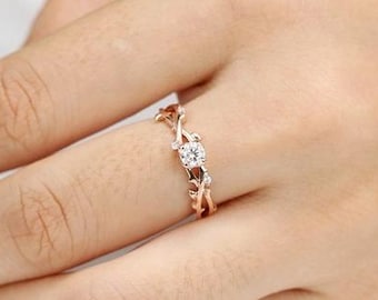 Anello di fidanzamento con moissanite a forma di ramoscello, anello di promessa in oro rosa 14 carati, anello con design a foglia per donna, fascia intrecciata minimalista e unica, regalo di gioielleria per donna