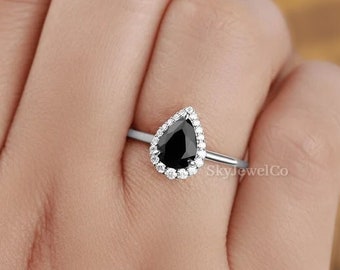 Pear Cut Black Onyx Ring, Black Stone Engagement Ring, Art Deco Halo Ring, 14K Solid Gold Ring, Wedding Bridal Ring Handmade Diamond Jewelry