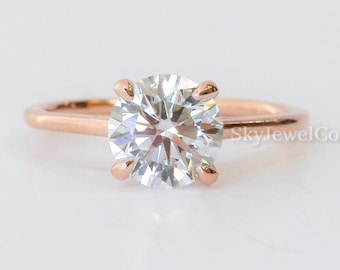 Round Cut Moissanite Solitaire Engagement Ring, 14K Rose Gold Dainty Plain Band Ring For Her, Classic 4 Prong Promise Ring, Anniversary Gift