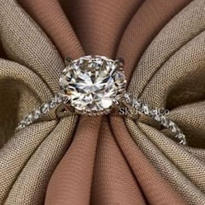 Claw Prong Ring, Round Cut Moissanite Engagement Ring, Classic Hidden Halo Ring, Full Eternity Wedding Band, 14K Gold Anniversary Gift Ring