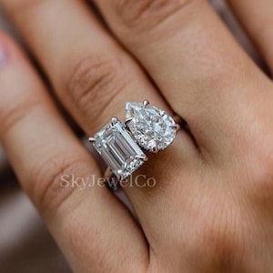 Bague de fiançailles en moissanite deux pierres taille poire et émeraude - Bague Toi et Moi - Bague de créateur en or massif 14 carats - Bijoux de mariage pour cadeau