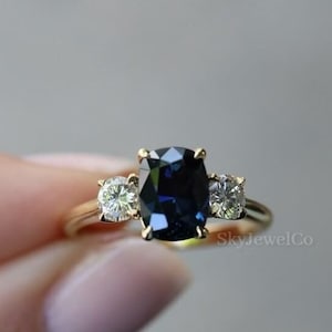 Blue Sapphire Three Stone Engagement Ring, Cushion Solitaire Wedding Ring Gift For Her, Vintage Solid Gold Sapphire and Moissanite Ring