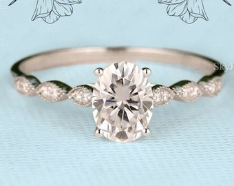 Art Deco Ring, Oval Cut Moissanite Engagement Ring, Vintage Miligrain Set Wedding Ring, 14K Solid Gold Bridal Ring, Promise Ring For Women