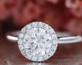 Anillo de compromiso Forever One con moissanita, anillo de oro blanco de 14 k con halo de diamantes, anillo de bodas de corte redondo de 7 mm, anillo de compromiso de oro, anillo de estaca