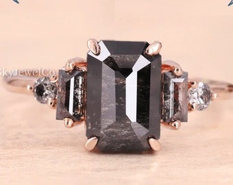 Antique Salt And Pepper Ring, Vintage Baguette Ring, Salt Diamond Ring, Black Emerald 5 Stone Ring, Salt Moissanite Ring, Handmade Salt Ring