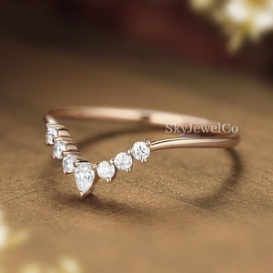 Antique Moissanite Wedding Band, Rose Gold Curved Wedding Band, Stackable Eternity Band,Matching Ring Dainty Wedding Band,Marquise Ring Band