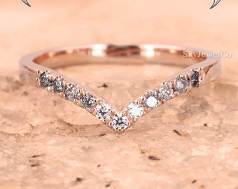 Salt And Pepper Wedding Band, Chevron Band Ring For Women, Salt And Pepper Curved Band Ring, Half Eternity Anniversary Band, Matching Ring
