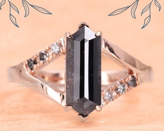 Elongated Salt And Pepper Hexagon Cut Ring, Gray Moissanite Engagement Ring, Split Shank Ring, Long Cut Ring, Antique Salt And Pepper Ring