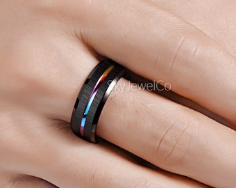 Rainbow Tungsten Wedding Band, Black Tungsten Ring, Tungsten Carbide Ring, Anniversary Band, Men & Women, Black Tungsten Band, Rainbow Band