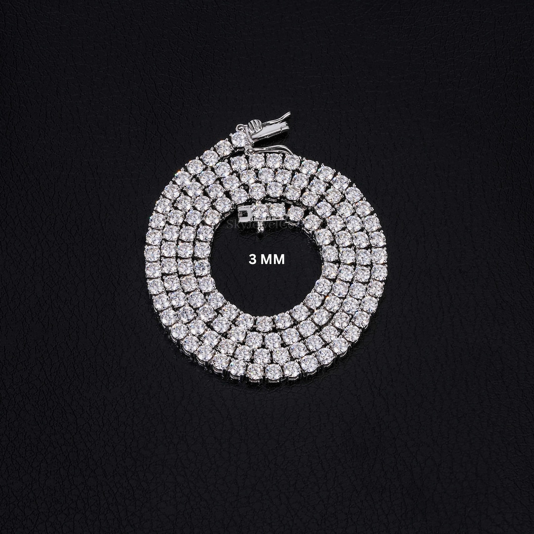 VVS Moissanite Tennis Chain, 3mm Tennis Necklace, Solid Gold