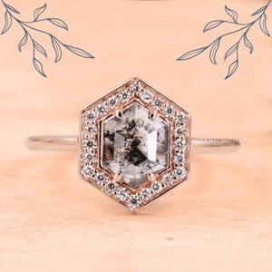 Salt and Pepper Moissanite Ring, Gray Moissanite Hexagon Cut Ring, Salt And Pepper Halo Engagement Ring, Plain Solid Gold Ring Gift For Her