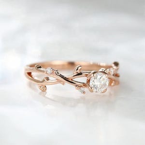 Twig Engagement Ring, Rose Gold Wedding Ring, Round Moissanite Diamond Ring, Twisted Twig Ring For Women, Leaf Branch Promise Ring For Her