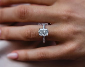 3.15CT Elongated Cushion Cut Moissanite Engagement Ring, Hidden Halo Wedding Ring,14k Solid White Gold Ring for Women, Anniversary Ring Gift