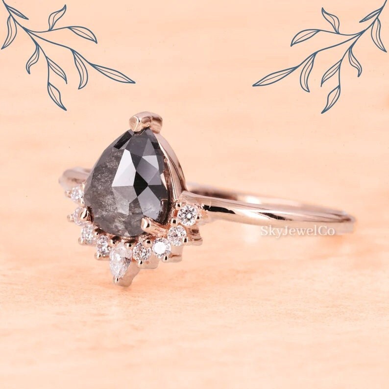 Salt And Pepper Moissanite Ring, Pear Moissanite Ring, Pear Gold Engagement Ring, Antique Half Halo Colorless Ring, Salt Anniversary Ring