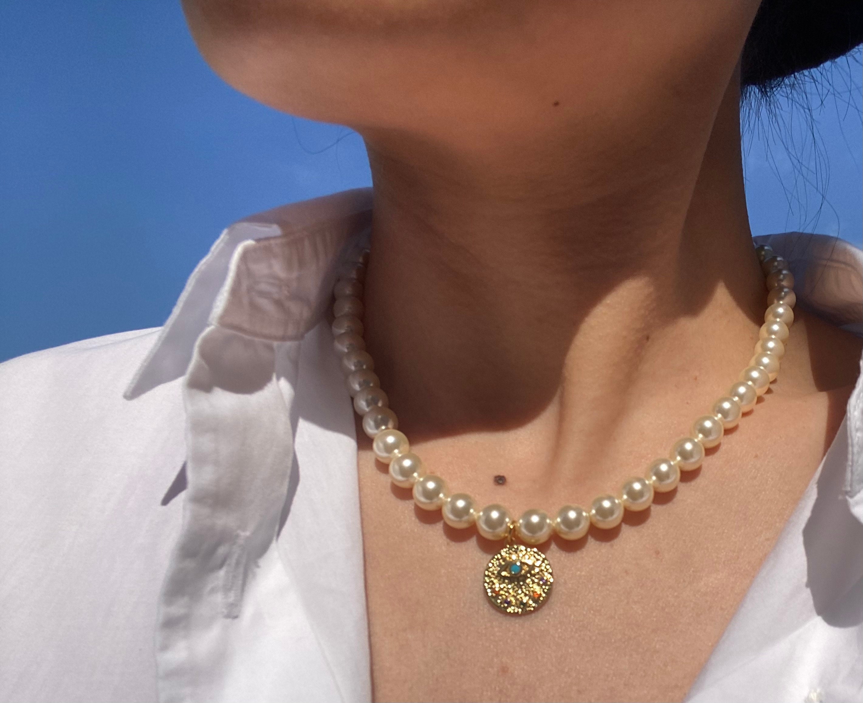 8mm Swarovski Pearl Necklace, Mother of Pearl Shell Pendant
