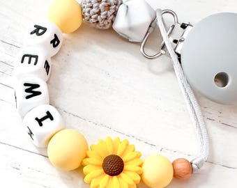 Personalized Pacifier Clip, Sunflower Flower Dummy Chain, Newborn Gift