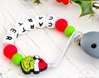 Red Christmas Personalised Dummy Clip Stocking Filler Soother Holder: Personalized Dummy Chain Pacifier Fastener Grinch MAM Dummy Holder