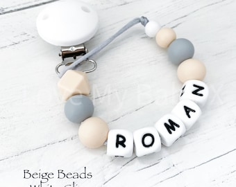 Personalised Beige Neutral Silicone Dummy Clip: Newborn Pacifier Chain, Soother Clip