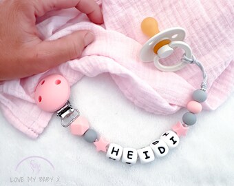 Stars Dummy Clip, Pacifier Clip Soft Silicone Dummy Chain, Personalised Girl Soother Holder, Welcome Newborn Gift, MAM comforter holder BIBS