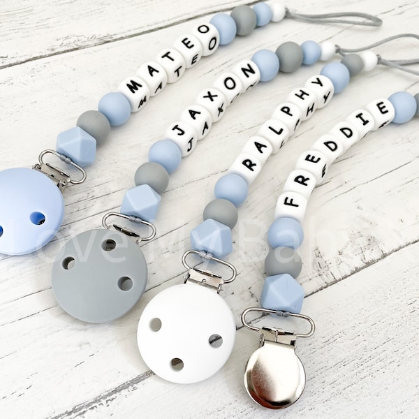 Clip para chupete azul, cadena para chupete personalizada, correa para chupete de niño en tonos pastel, regalo para recién nacido, regalo para paje, portachupetes MAM, Bienvenido al mundo