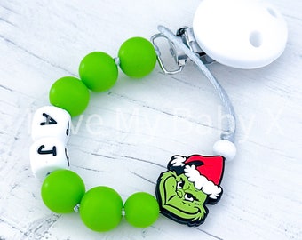Christmas Personalised Dummy Clip Stocking Filler Soother Holder | Personalized Dummy Chain Pacifier Fastener Grinch Dummy Holder | MAM Clip