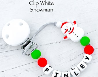Red Green Christmas Personalised Dummy Clip, Stocking Filler Soother Holder: Personalised MAM Dummy Chain, Pacifier Snowman Holder