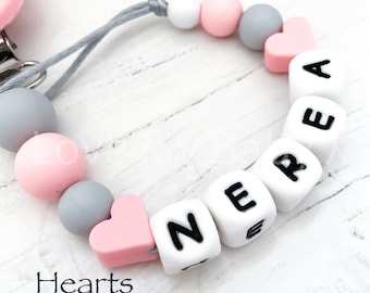 Personalised Silicone Pacifier Clip: Pink Heart Soother Chain, Newborn Girl Gift