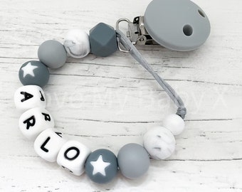 Personalized Grey Star Silicone Dummy Clip: Newborn Pacifier Chain