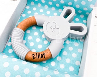 First Easter gift Baby Ring Teether PERSONALISED Teething Toy Name Teether Custom Wooden Chew Toy Teething pain relief Bunny teether