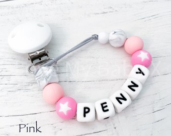 Personalisierter rosa Silikon Schnullerkette, Stern Schnullerkette, Geschenk zur Geburt