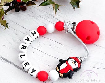Christmas Personalised Dummy Clip Stocking Filler Soother Holder | Personalized Dummy Chain Pacifier Fastener Penguin Dummy Holder MAM Clip