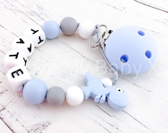 Personalised Silicone Dummy Clip | Dummy Chain | Soother Fastener | Dummy Holder | Newborn Gift | Dino Paci holder | MAM Clip request